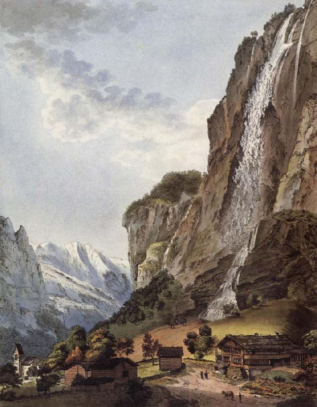 Johann Ludwig Aberli Fall d-eau apellee Staubbach in the Vallee Louterbrunnen Norge oil painting art